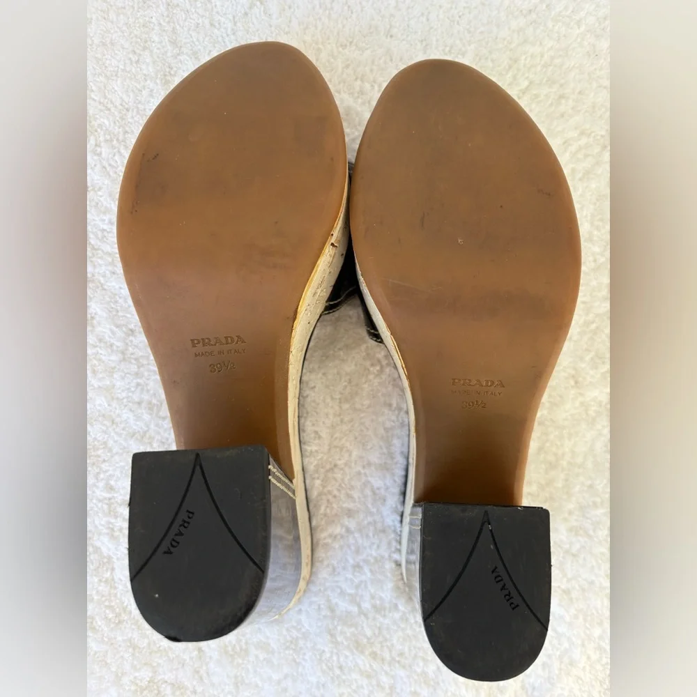 Prada Block Heels Black Patent Leather Cork Platform Slides Size EU 39.5 US 9.5